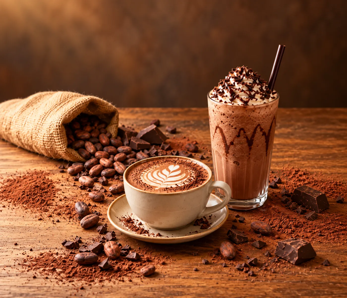 Cup of hot chocolate with latte art in a beige cup, surrounded by cocoa powder, beans, and chocolate chunks on a wooden table, plus a tall chocolate milkshake with whipped cream in the background.
