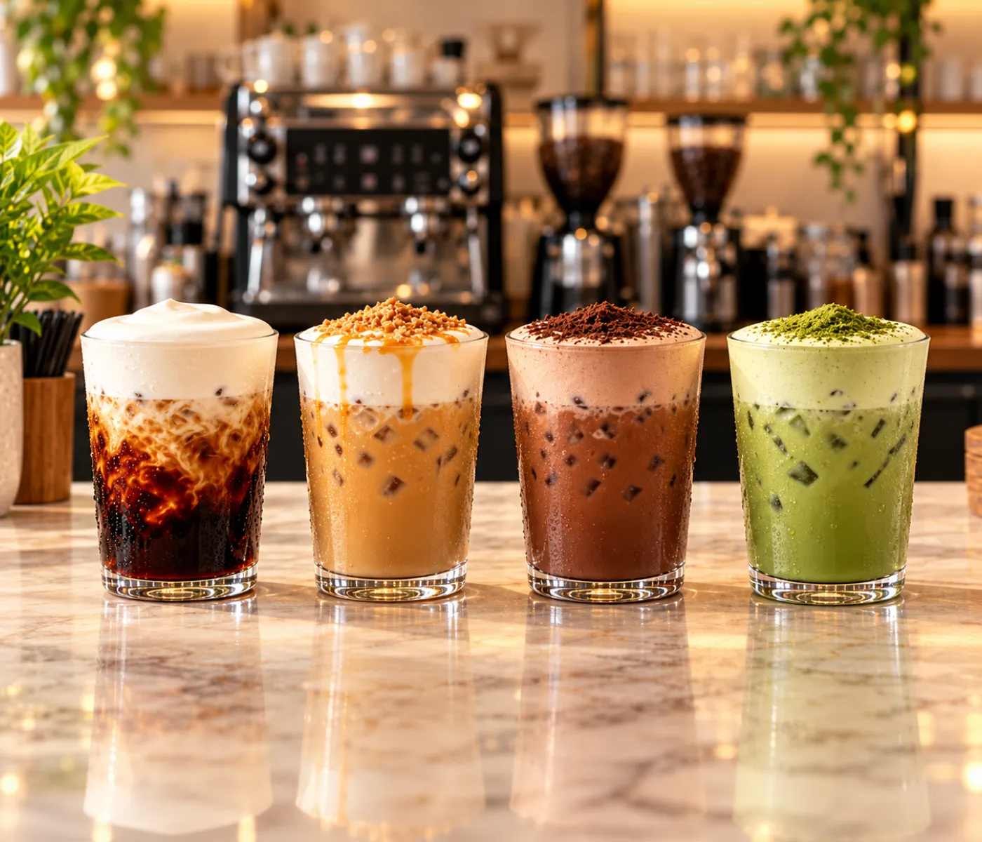 Four iced drinks in clear glasses lined up on a marble bar—coffee, caramel latte, chocolate frappé, and matcha latte.
